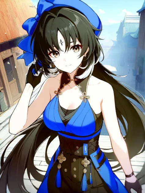 anime girl in blue dress with long black hair and blue bow