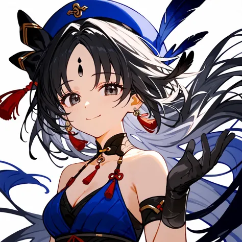 anime girl with long black hair and blue dress with red accessories