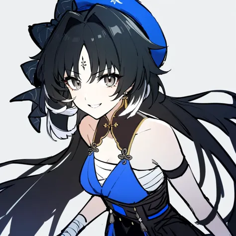 anime girl with long black hair and blue top and black skirt