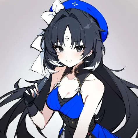 anime girl with long black hair and blue dress holding a knife