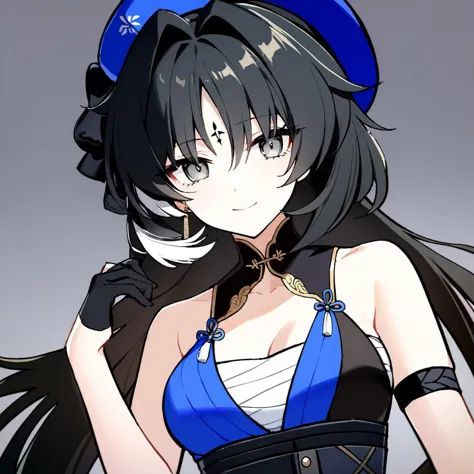 anime girl with long black hair and blue top posing for a picture