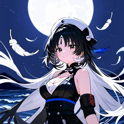 anime girl with long white hair and black dress standing in front of a full moon