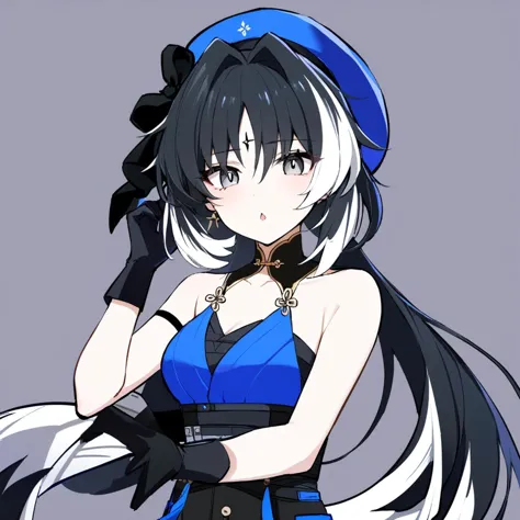 anime girl with long black hair and blue dress holding a cell phone