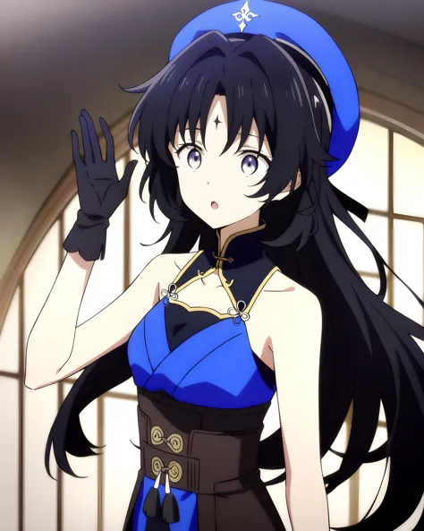 1girl, anime coloring, upper body, standing, yangyang \(wuthering waves\), long hair, black hair, blue hat, black gloves, bare shoulders, bare arms, :o, hand up <lora:mki-ani3-yangyang-v3:0.6>