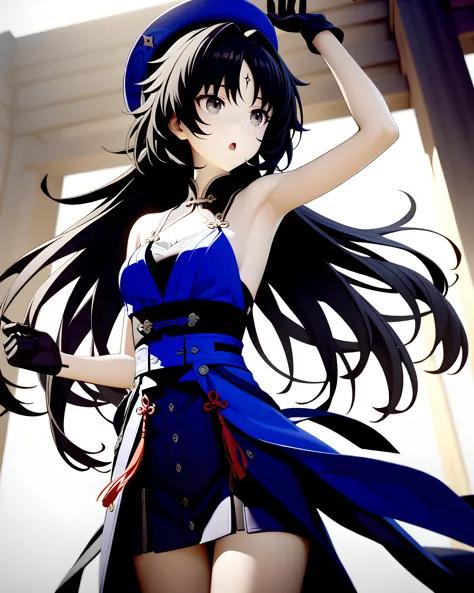 anime girl in blue dress holding a gun and a hat