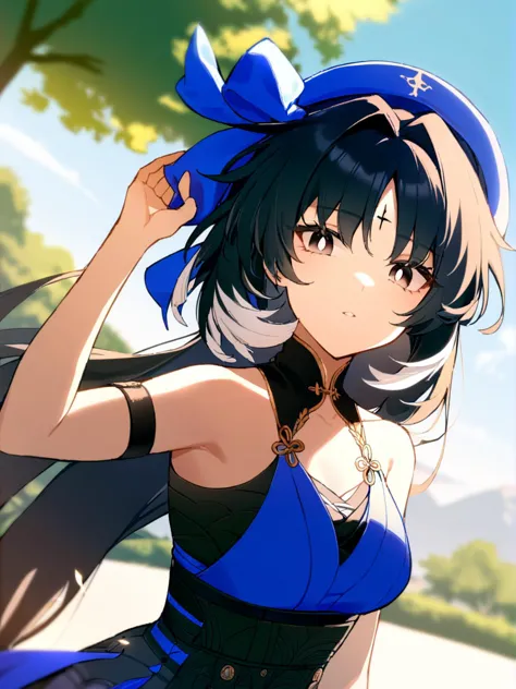 anime girl in blue dress with blue bow and black hair