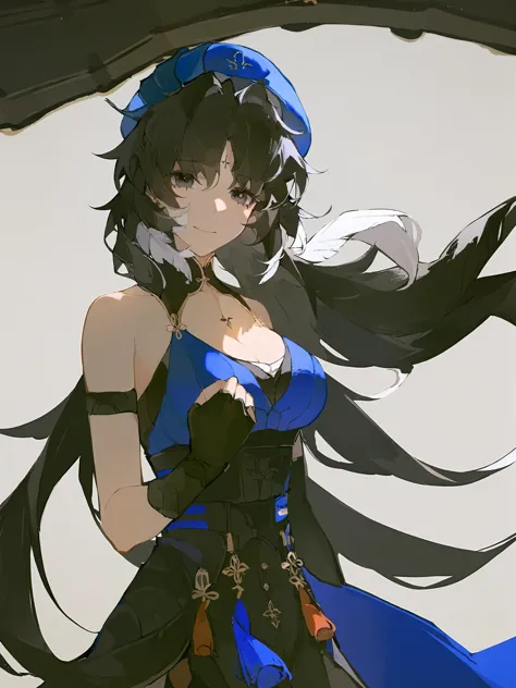 anime girl with long black hair and blue dress holding a knife