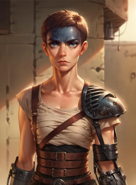 <lora:Furiosa_A_mad_Max_saga:0.7> mmsfuriosa, female, portrait, very short hair, single mechanical arm, dark forehead, blue eyes, 2d, solo, score_9, score_8_up, score_7_up, score_6_up, score_5_up, score_4_up