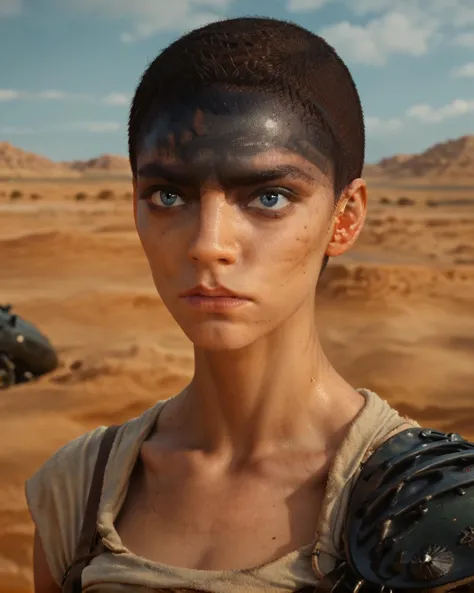 <lora:Furiosa_A_mad_Max_saga:0.8> mmsfuriosa, portrait, very short hair, blue eyes, desert background, solo, woman, dark forehead, score_9, score_8_up, score_7_up, score_6_up, score_5_up, score_4_up