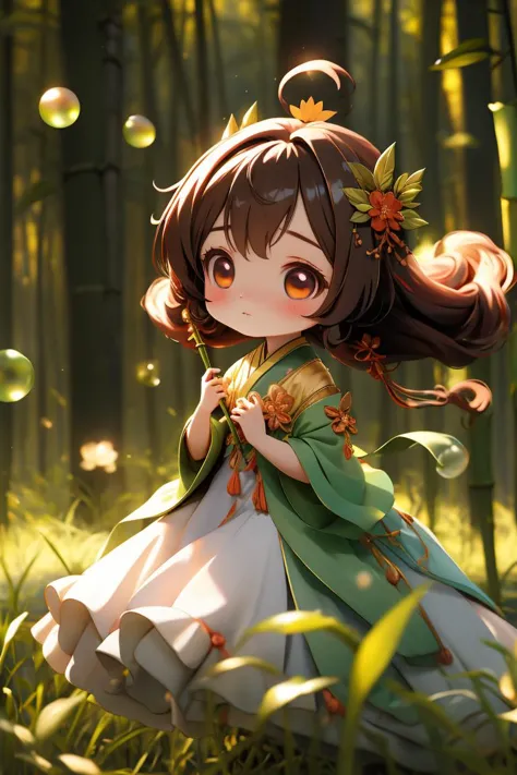 Best quality, masterpiece, 1 girl,  chibi,perm,(floating hair), slg,forest,depth of field, grass, ,bamboo forest background
<lor...
