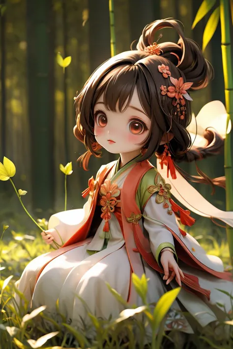 Best quality, masterpiece, 1 girl,  chibi,perm,(floating hair), slg,forest,depth of field, grass, ,bamboo forest background
<lor...