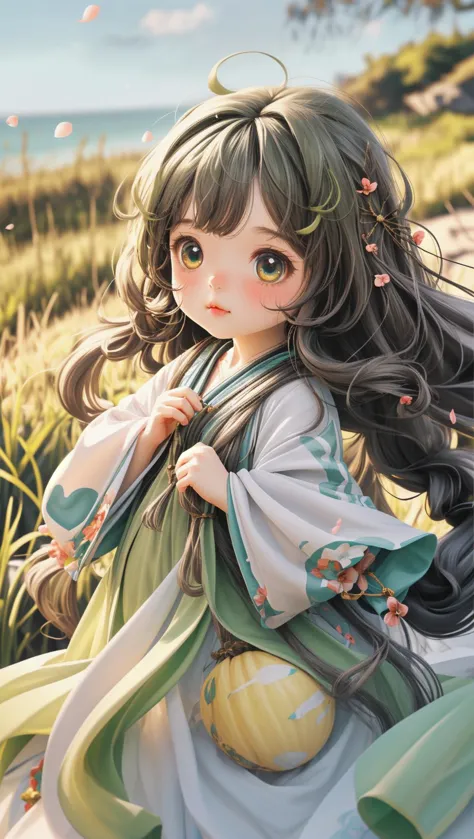 a woman in a kimono dress is sitting in a field