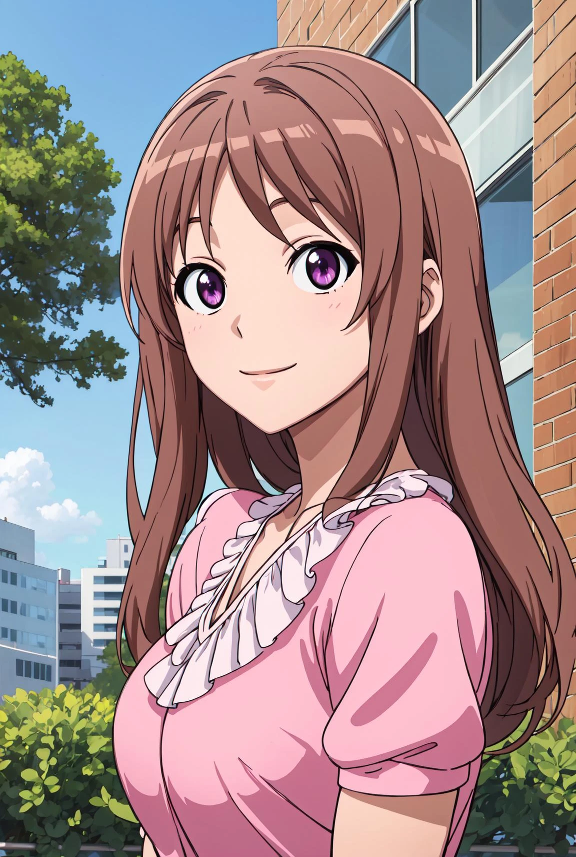 (best quality), (masterpiece), rinna_fuwa, brown hair, purple eyes, pink shirt, outdoors, office building, looking at viewer, smiling, upper body, 