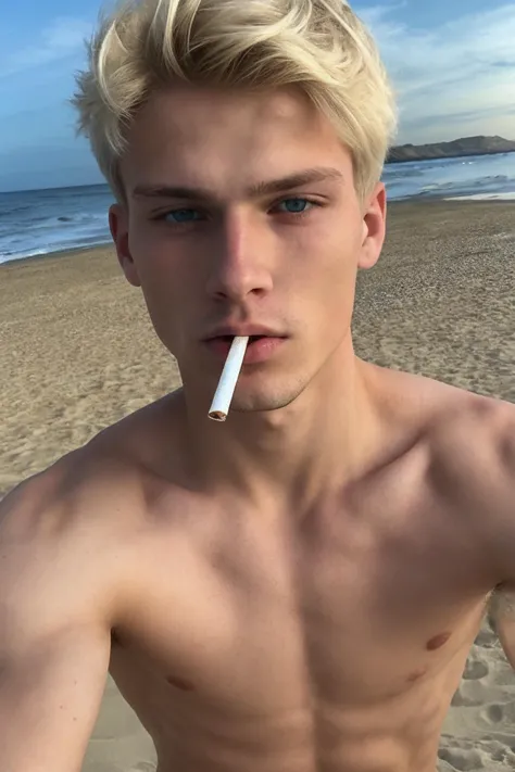 taking selfie, selfie shot pov, young man, blonde hair, blue eyes, ciginmouth, shirtless, beach, <lora:ciginmouth:0.7>