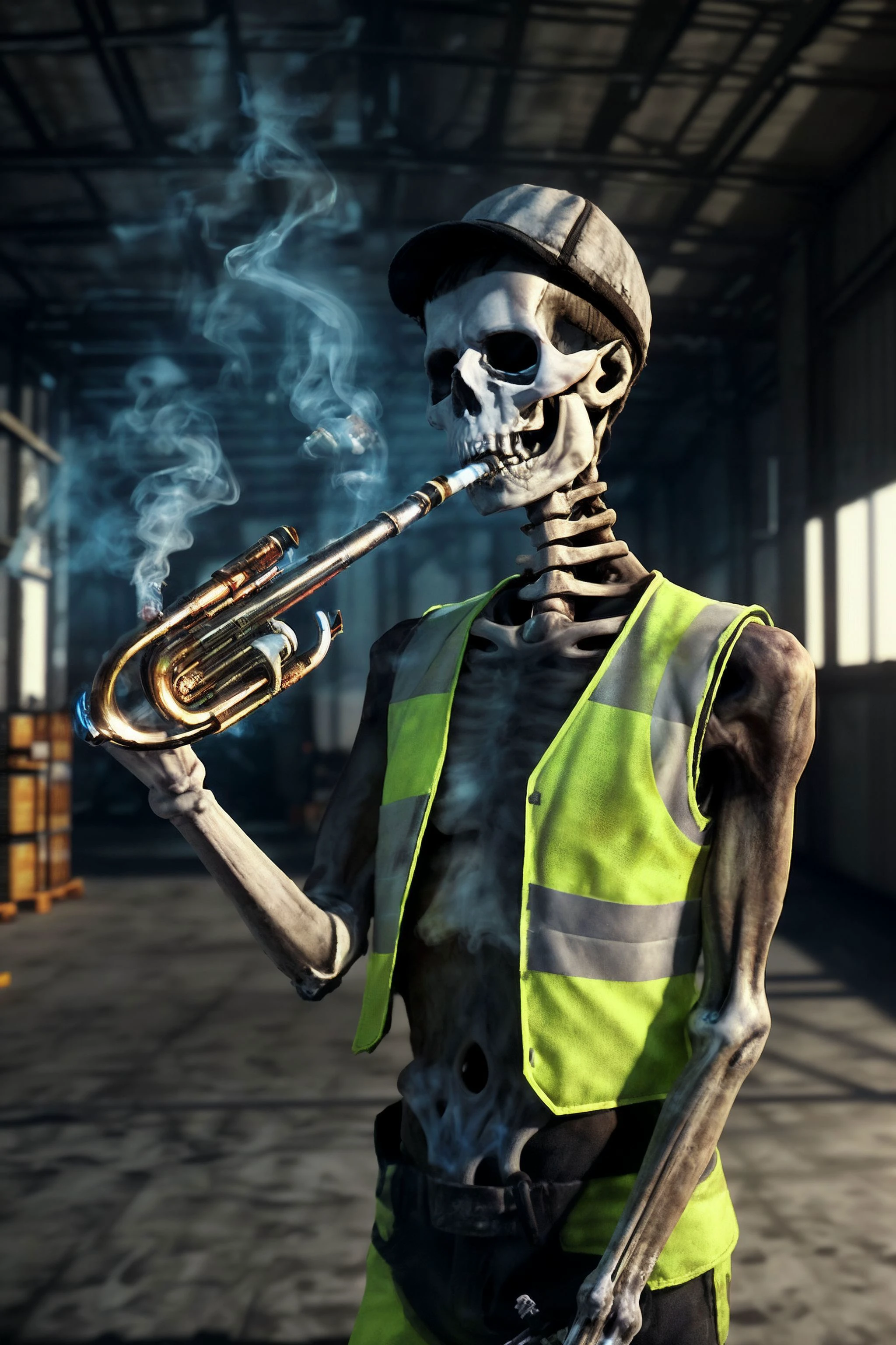 a skeleton (smoking a trumpet:1.2) ciginmouth wearing a hi-vis vest in a warehouse, close up, octane render, Unreal Engine 4, volumetric lighting, 8k, best quality, masterpiece  