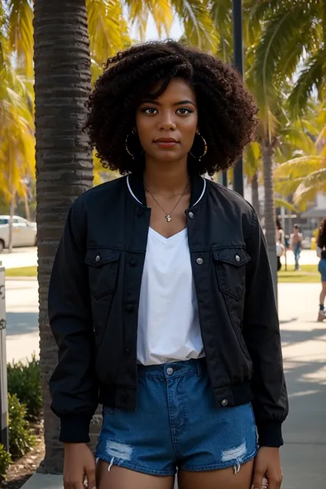 a woman standing on a sidewalk with a black jacket and denim shorts