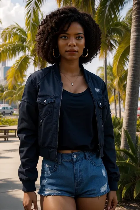 <lora:mondongo_LoRA_JazSinclair_v2:1> mndngwmn, afro,  wearing jean shorts, black bomber jacket, on a park, (ultra realistic, 8k,high quality)