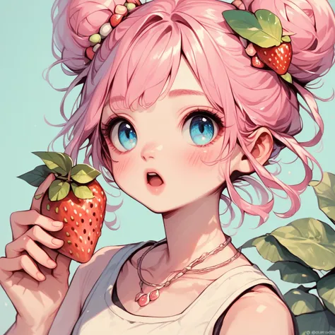 pastel style, 1girl, food, solo, fruit, pink hair, double bun, hair bun, jewelry, long hair, necklace, open mouth, holding, stra...