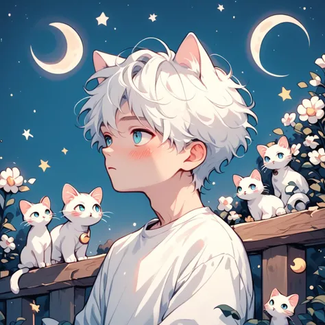 anime boy with white hair and blue eyes staring at the moon