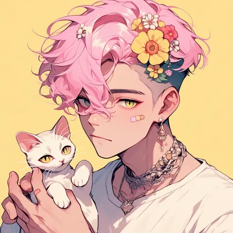 pastel style, 1boy, flower, male focus, yellow background, jewelry, pink hair, earrings, looking at viewer, cat, hair flower, ha...