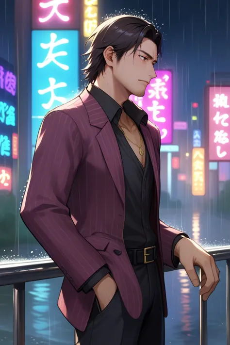 score_9, score_8_up, score_7_up, BREAK, 1boy, solo,  <lora:akiyama-guy-PONYv1:1>, akiyama, necklace, jacket, black shirt, striped, suit, belt, black pants, formal, outdoors, rain, city, tokyo, neon lights, fog, dark sky, street, railing, against railing, from side, stubble, facial hair,