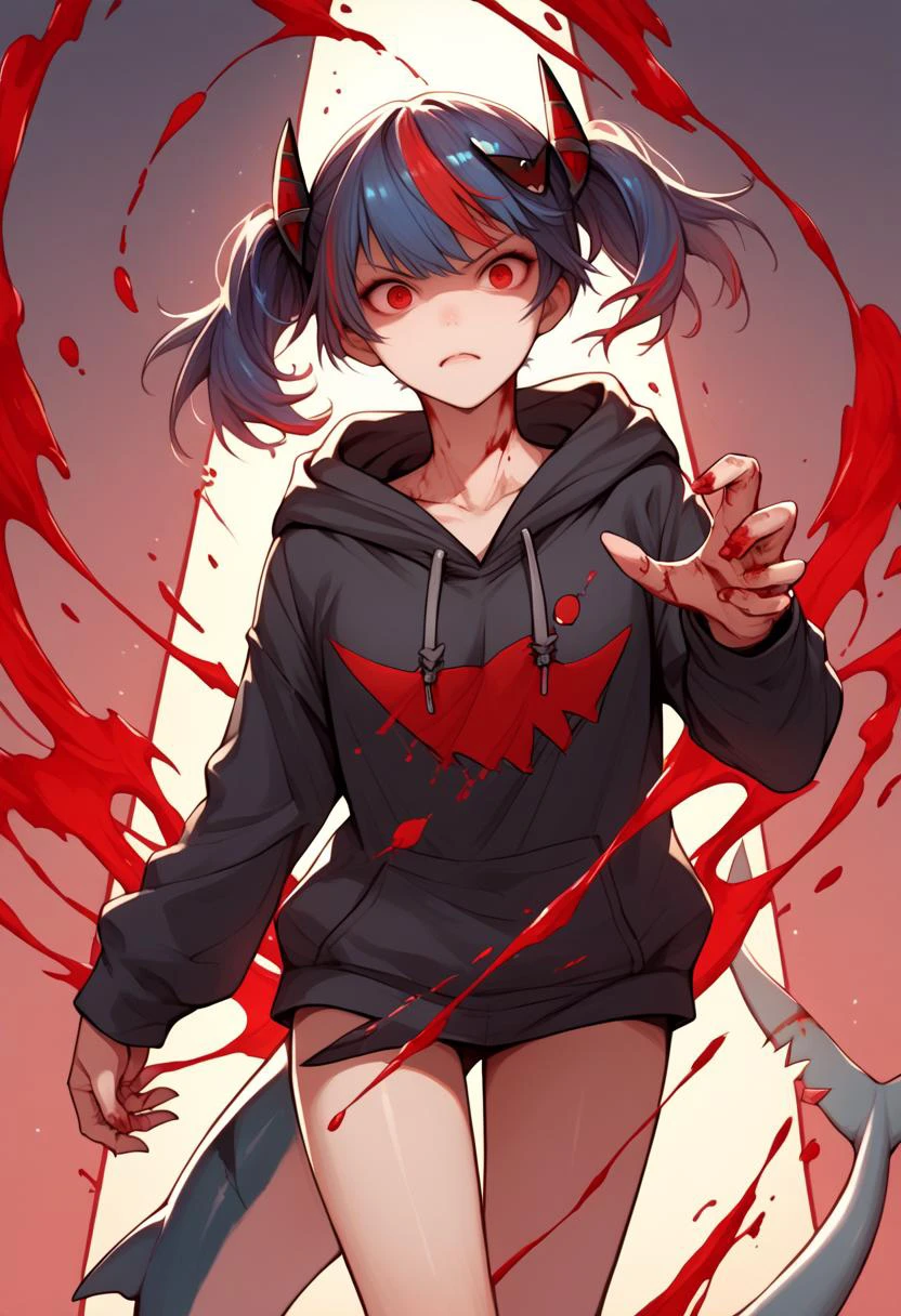 score_9, score_8_up, score_7_up, source_anime, rating questionable, dynamic pose, gura_red, dark persona, red eyes, streaked hair, two side up, shark hair ornament, blood, shark tail, black hoodie,