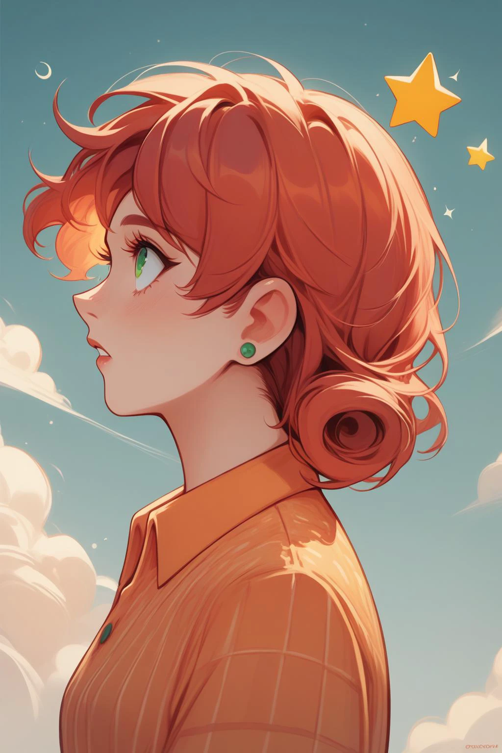 score_9, score_8_up, 1girl NSPennyStardew, green eyes, short hair, red hair, earrings, curly hair, yellow collared shirt, orange skirt, side view, awe, looking up, falling star, upper body shot