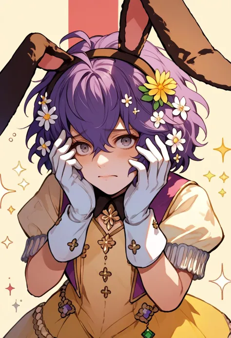 a close up of a person with a bunny ears and a dress