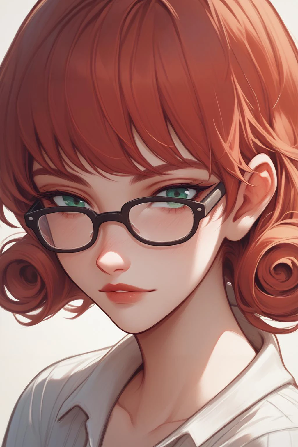 score_9, score_8_up, 1girl NSPennyStardew, short hair, curly hair, red hair, glasses, looking at the viewer, close-up