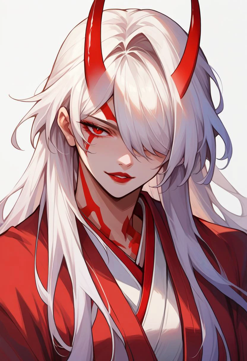 Punktzahl_9, Punktzahl_8_hoch, Punktzahl_7_hoch, Quelle_Anime-Serie, geöffnete Lippen, rote Lippen, leichtes Lächeln, weißer Hintergrund, Kimono, red Kimono, 
acheronalt, weißes Haar, lange Haare, Haare über einem Auge, rote Augen, Körpermarkierungen,