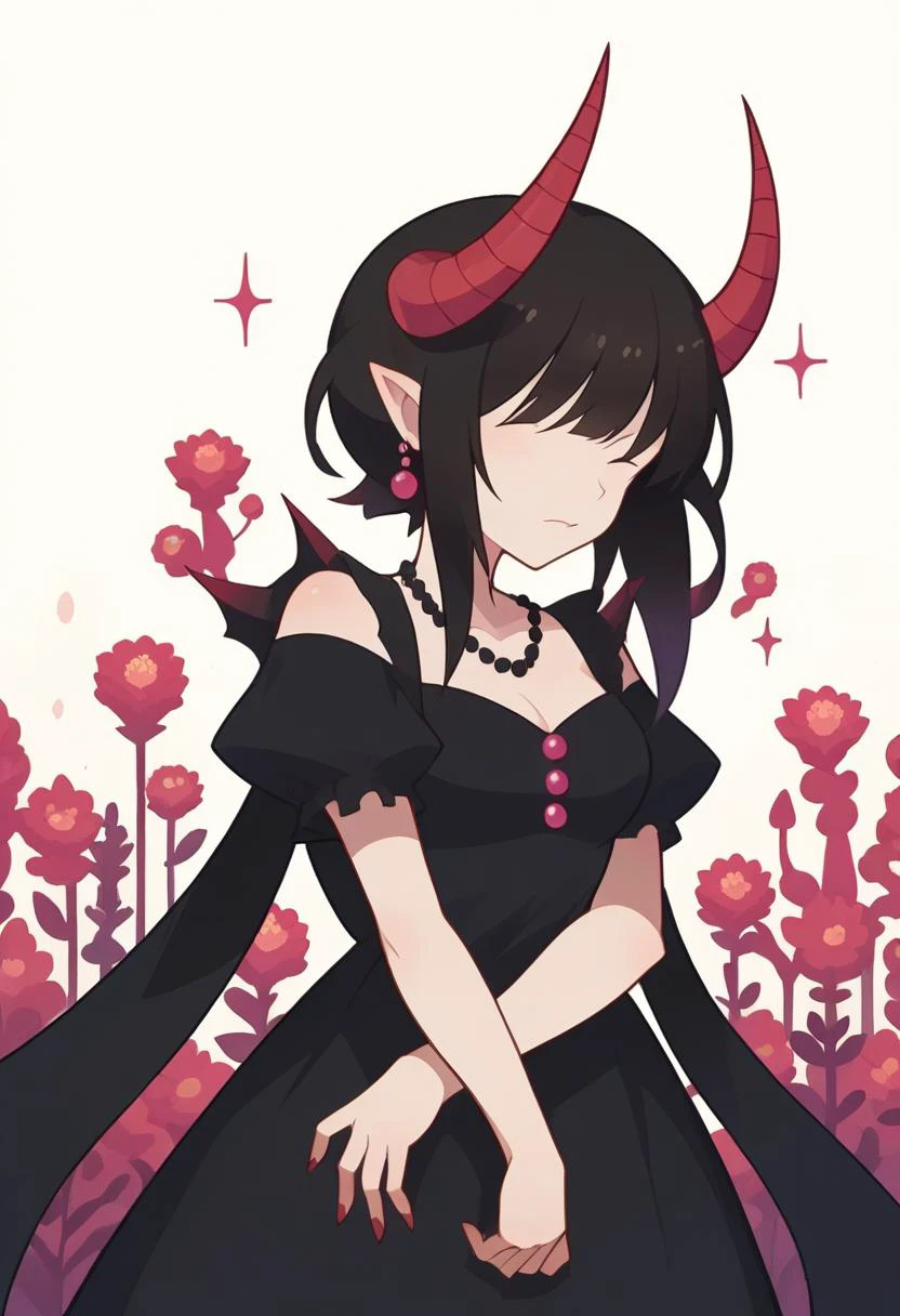 score_9, score_8_up, score_7_up, source_anime, MinimalStyle, female, simple, faceless female, vector, demon, horn, black hair, bangs, black dress, medium breasts, Mix an assortment of colors with varying saturations, tones, and hues, embracing the unpredictable nature of chaos to create a composition that captivates and surprises, Pearl White color, Hot Coral color,
