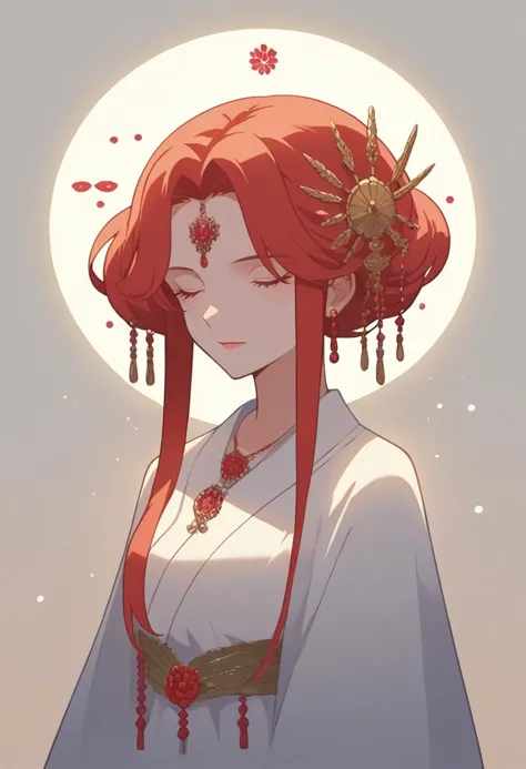 a woman with red hair and a white dress is standing in front of a full moon