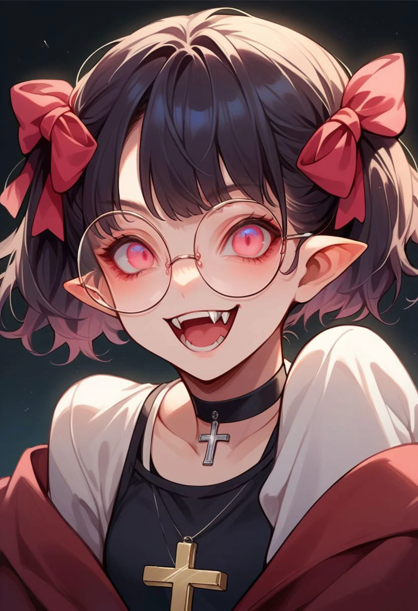 score_9, score_8_up, score_7_up, source_anime, female, round eyewear, fangs, humanoid pointy ears, (red eyes, pink eyes), black hair, short hair, short twintails, hair bow, black background, smile, open mouth, black shirt, choker, cross, hair across eyes