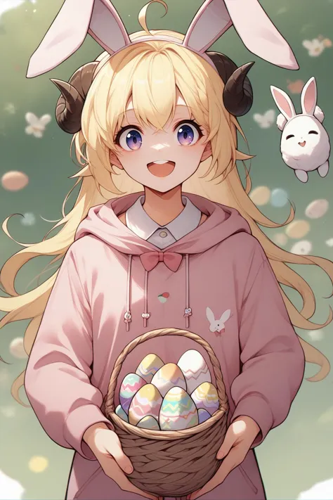 score_9, score_8_up,  <lora:last_1:0.8> TsunomakiWatame, horns, long hair, ahoge, smile, open mouth, fake bunny ears, Easter, colored eggs, holding a basket filled with eggs, pink onesie