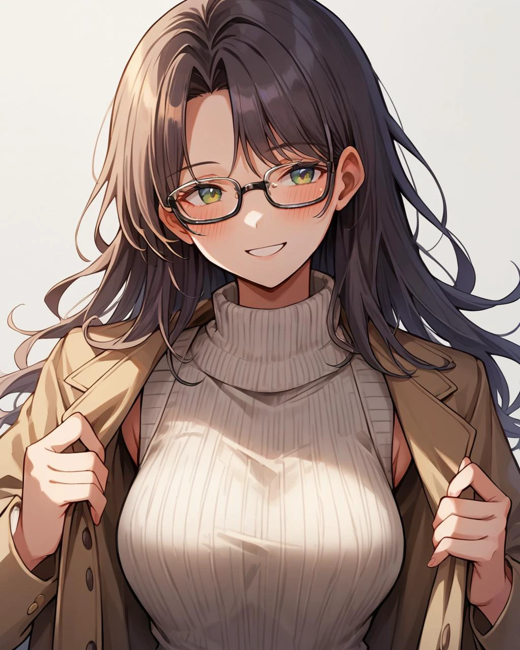 score_9, score_8_up, 1girl, masterpiece,,sleeveless_sweater,simple_background,turtleneck,highres,open_mouth,blush,turtleneck_sweater,sweater_tucked_in,coat,glasses,smile,breasts,sleeveless,looking_to_the_side,bare_arms,holding_clothes,1girl,cowboy_shot,white_background,holding,large_breasts,long_hair,skirt,nanahime,solo,sweater,holding_coat