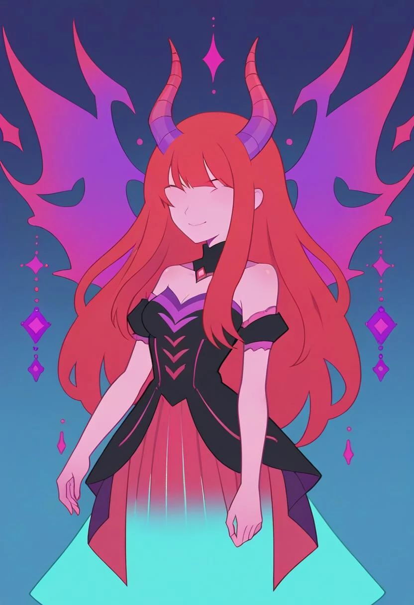 score_9, score_8_up, score_7_up, source_anime, MinimalStyle, female, simple, faceless female, vector, demon, horn, long hair, bangs, dress, medium breasts, Blend a riot of bright and contrasting colors, such as vibrant red, electric purple, sunny orange, and vibrant turquoise, to capture the vibrant and lively atmosphere of a carnival, Crimson Red color, Fluorescent Magenta color,