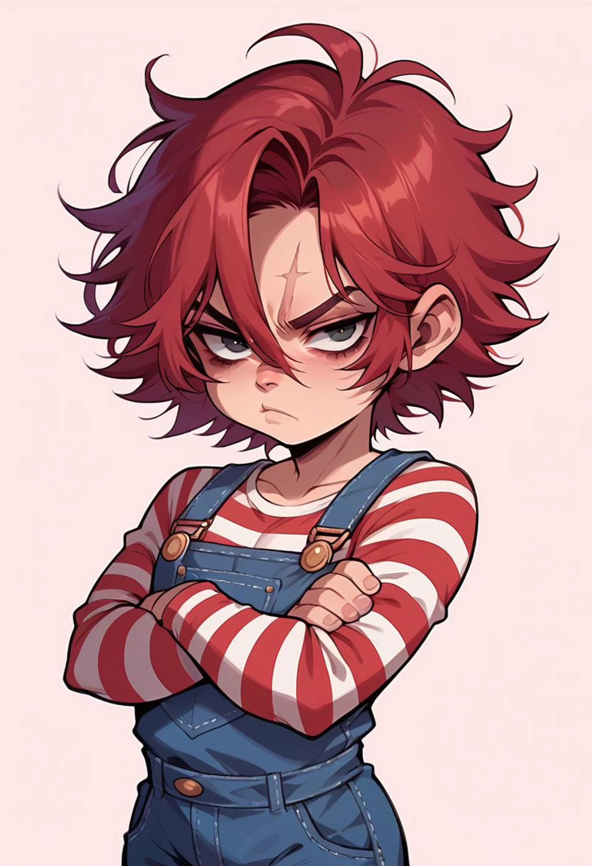 score_9, score_8_up, score_8, source_anime, 1boy, femboy, Chucky, red hair, overalls, striped top, sulking, pout, pouty, pouting, scar, arms crossed,
simple background, pink background, (solo), shortstack, upper body,
