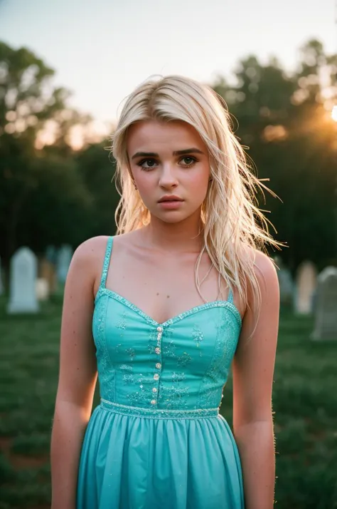 a woman in a blue dress standing in a cemetery