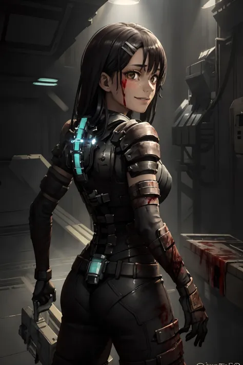 ((best quality)), ((masterpiece)), (detailed), hyperrealistic, sci-fi, 1girl, photo of nagatoro hayase wearing engineeringsuit walking in a space station, smirk, black hair, hairclip, brown eyes, small breasts, very skinny, slender fit body, shiny armor, (dirty:1.2), (bloody:1.2), from behind, realistic materials, dramatic lighting, wallpaper, intricate, sharp focus, ray tracing, rtx, professionally color graded, professional photography, high quality, 4k, 8k, raw (AS-Young:1.5), detailed skin texture, (blush:0.5), (goosebumps:0.5), subsurface scattering