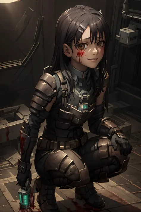 ((best quality)), ((masterpiece)), (detailed), hyperrealistic, sci-fi, 1girl, photo of nagatoro hayase wearing engineeringsuit squatting, in a space station, smirk, black hair, hairclip, brown eyes, small breasts, very skinny, slender fit body, shiny armor, (dirty:1.2), (bloody:1.2), looking at viewer, from above, realistic materials, dramatic lighting, wallpaper, intricate, sharp focus, ray tracing, rtx, professionally color graded, professional photography, high quality, 4k, 8k, raw <lora:engineeringsuit:0.6>, (AS-Young:1.5), <lora:epi_noiseoffset2:1>, <lora:nagatoro hayaseV2:0.6>