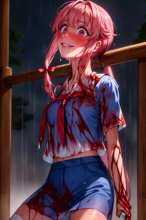 anime girl with blood on her face and blue shorts