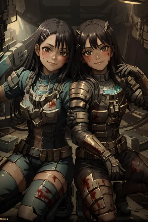 ((best quality)), ((masterpiece)), (detailed), hyperrealistic, sci-fi, 1girl, photo of nagatoro hayase wearing engineeringsuit on one knee in a space station, smirk, black hair, hairclip, brown eyes, small breasts, very skinny, slender fit body, shiny armor, (dirty:1.2), (bloody:1.2), looking at viewer, from above, realistic materials, dramatic lighting, wallpaper, intricate, sharp focus, ray tracing, rtx, professionally color graded, professional photography, high quality, 4k, 8k, raw (AS-Young:1.5), detailed skin texture, (blush:0.5), (goosebumps:0.5), subsurface scattering