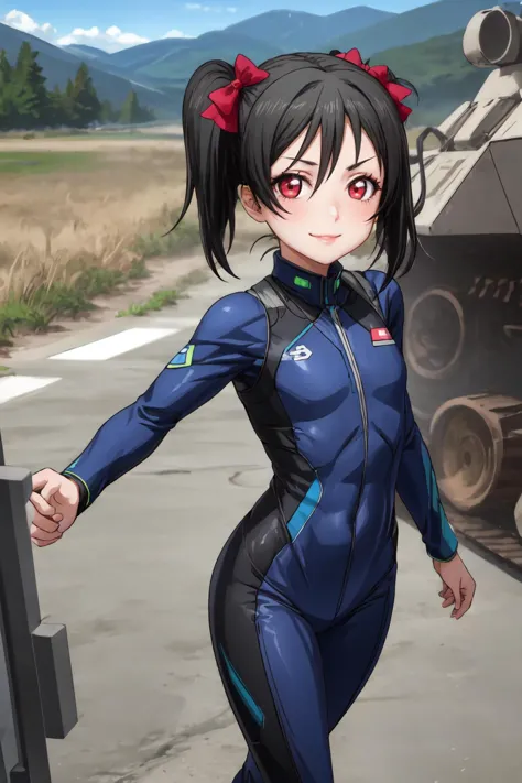 a woman in a blue suit standing next to a tank