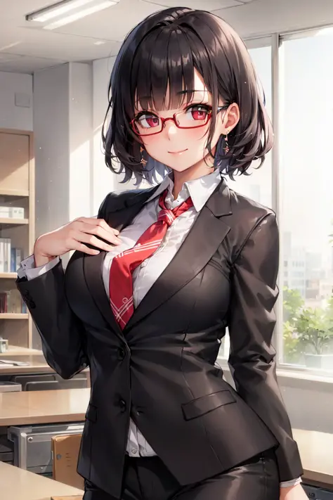 best quality, masterpiece,  1girl, (solo), standing, suit, red necktie, short hair, blunt bangs, (((perfect eyes))), (((perfect body))), black hair, red eyes, (((office))), black eyes, desk, light smile, closed mouth, large breasts, glasses,