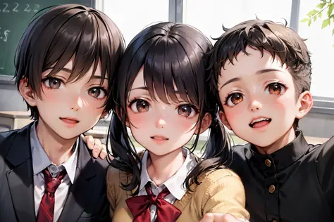 (best quality:1.1), (masterpiece:1.4), (absurdres:1.0), (cute illustration:1.2), portrait,

1girl, (1boy:1.4), selfie,(aged down:1.4), kindergarten uniform, bright smile, brown hair, pigtails, classroom, short black hair, male school uniform, (school bag:0.25),