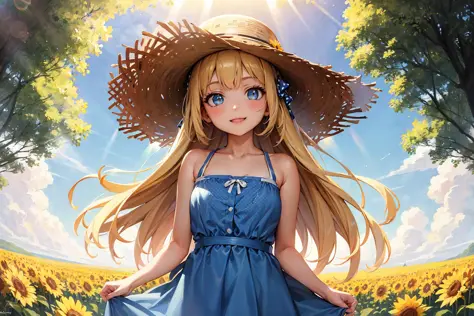 (best quality:1.1), (masterpiece:1.4), (absurdres:1.0), (hyper-detailed:0.5),
1girl,  solo, blue summer dress, (Polka Dot Pattern:1.4), straw hat, standing, (tall Sunflower field:0.85), (sunbeam:1.2), blonde hair, blue eyes, smile, looking at viewer, happy, sun, (natural lighting:1.3), (Sun Glare:1.2), (mountain:0.2),