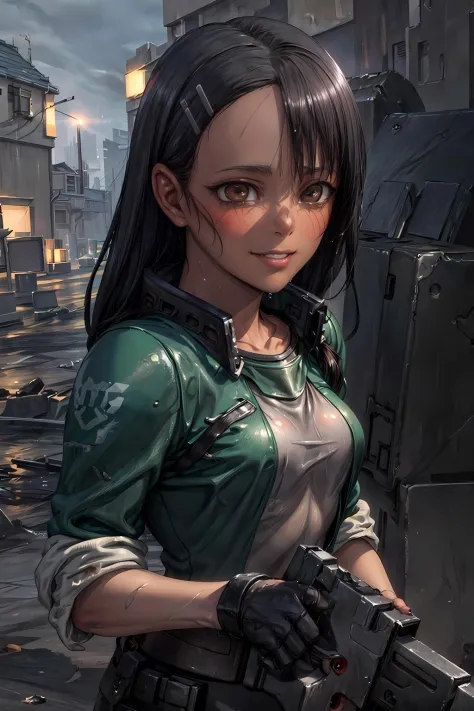 best quality, 8k, masterpiece, upper body, 1girl, solo, (warhammer 40k imperial guardsman:1.0), (nagatoro hayase:1.0), (extremly detailed brown eyes), black hair, long hair, (dark skin:1.5), hairclip, (small breasts:1.5), badass, smile, (dirty:1), worn clothing, armor, holding rifle, fires in the background, dramatic lighting, in the rain, dripping wet, expansive city ruins, beautiful hands, detailed fingers ,detailed skin texture, (blush:0.5), (goosebumps:0.5), subsurface scattering, (Extremely Detailed Oil Painting:1.2), glow effects, godrays, Hand drawn, render, 8k, octane render, cinema 4d, blender, dark, atmospheric 4k ultra detailed, cinematic sensual, Sharp focus, humorous illustration, big depth of field, Masterpiece, colors, 3d octane render, 4k, concept art, trending on artstation, hyperrealistic, Vivid colors, extremely detailed CG unity 8k wallpaper, trending on ArtStation, trending on CGSociety, Intricate, High Detail, dramatic