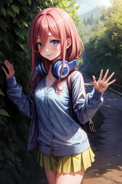 best quality, masterpiece, nice hands, perfect hands, Miku hiking, smile, small breasts, Blue Cardigan, county road,