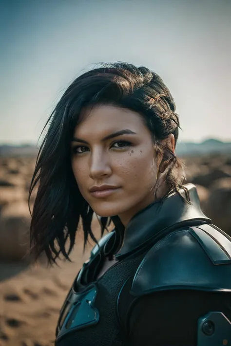 a woman in a black leather jacket standing in a desert