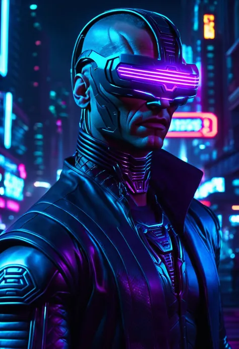 a man in a futuristic suit and glasses standing in a city